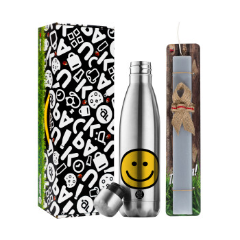 Smile classic, Easter Set, metallic stainless thermos flask (500ml) & scented flat Easter candle (30cm) (GRAY)
