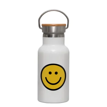 Smile classic, Μεταλλικό παγούρι θερμός (Stainless steel) Λευκό με ξύλινο καπακι (bamboo), διπλού τοιχώματος, 350ml