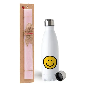 Smile classic, Easter Set, metallic stainless steel water bottle (750ml) & scented flat Easter candle (30cm) (PINK)