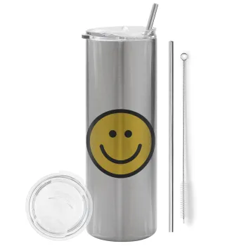 Smile classic, Tumbler ποτήρι θερμό Ασημένιο από ανοξείδωτο ατσάλι 600ml, με μεταλλικό καλαμάκι & βούρτσα καθαρισμού