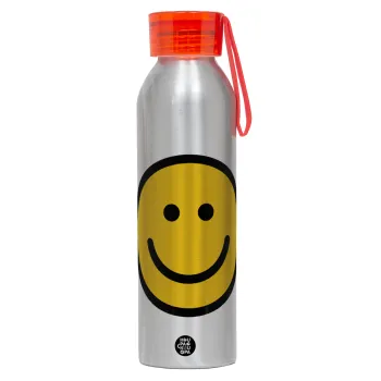 Smile classic, Αλουμινένιο Αθλητικό Μπουκάλι 650ml – Ασημί με Κόκκινο Καπάκι και Λουράκι Σιλικόνης