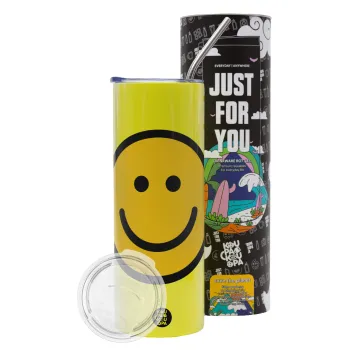 Smile classic, Neon Yellow Travel Tumbler θερμό, μεταλλικό καλαμάκι(Ανωξείδωτο 304 Food grade, BPA free, 600ml)