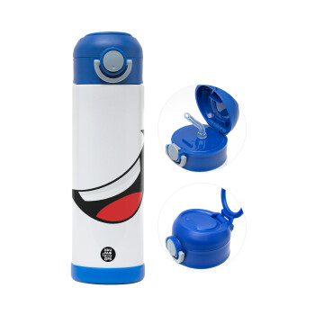 Φατσούλα γελάω!!!, Children's hot water bottle, stainless steel, with safety straw, BLUE (500ml)