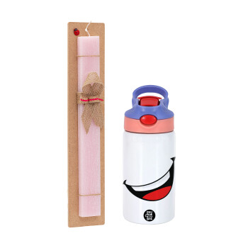 Φατσούλα γελάω!!!, Easter Set, Children's thermal stainless steel water bottle with safety straw, pink/purple (350ml) & Easter scented flat candle (30cm) (PINK)