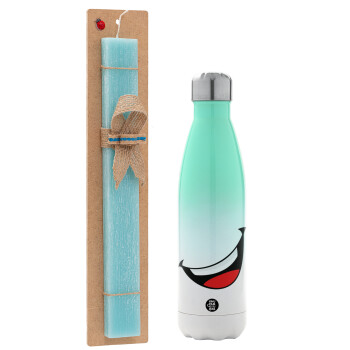 Φατσούλα γελάω!!!, Easter Set, Metallic green/white thermos (Stainless steel), double-walled, 500ml & scented flat Easter candle (30cm) (TURQUOISE)