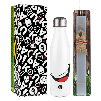Φατσούλα γελάω!!!, Easter candle, metallic white thermos bottle (500ml) & aromatic flat candle (30cm) (GRAY)