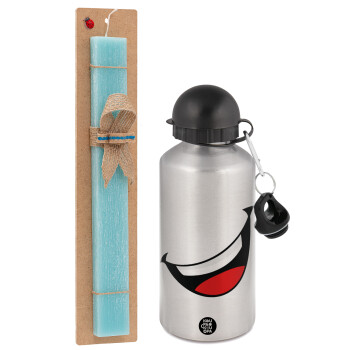 Φατσούλα γελάω!!!, Easter Set, metallic silver aluminum water bottle (500ml) & scented flat Easter candle (30cm) (TURQUOISE)
