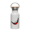 Metallic thermos (Stainless steel) White with wooden lid (bamboo), double-walled, 350ml