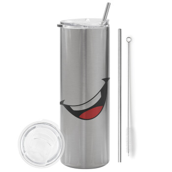 Φατσούλα γελάω!!!, Tumbler stainless steel Silver 600ml, with metal straw & cleaning brush