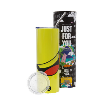 Φατσούλα γελάω!!!, Neon Yellow Travel Tumbler, with metal straw (Stainless steel 304 Food grade, BPA free, 600ml)