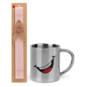 Φατσούλα γελάω!!!, Πασχαλινή Λαμπάδα με μεταλλική κούπα θερμό (300ml) & κερί αρωματικό πλακέ (30cm) (ΡΟΖ)