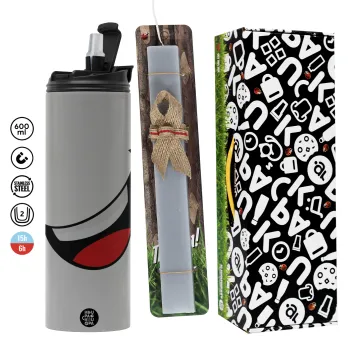Φατσούλα γελάω!!!, Πασχαλινή Λαμπάδα με Travel Tumbler θερμό (600ml, BPA free) & κερί αρωματικό πλακέ (30cm) (ΓΚΡΙ)