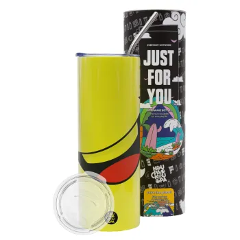 Φατσούλα γελάω!!!, Neon Yellow Travel Tumbler θερμό, μεταλλικό καλαμάκι(Ανωξείδωτο 304 Food grade, BPA free, 600ml)