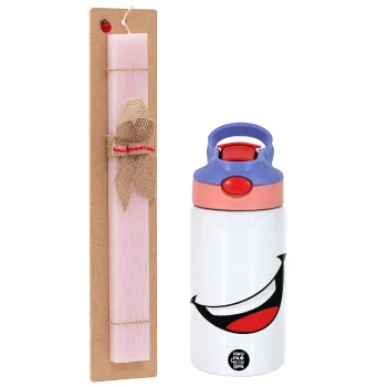 Φατσούλα γελάω!!!, Πασχαλινή Λαμπάδα με Παιδικό παγούρι θερμό, ανοξείδωτο, με καλαμάκι ασφαλείας, ροζ/μωβ (350ml) & κερί αρωματικό πλακέ (30cm) (ΡΟΖ)