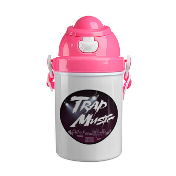 Trap music, Ροζ παιδικό παγούρι πλαστικό (BPA-FREE) με καπάκι ασφαλείας, κορδόνι και καλαμάκι, 400ml