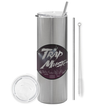 Trap music, Eco friendly ποτήρι θερμό Ασημένιο (tumbler) από ανοξείδωτο ατσάλι 600ml, με μεταλλικό καλαμάκι & βούρτσα καθαρισμού