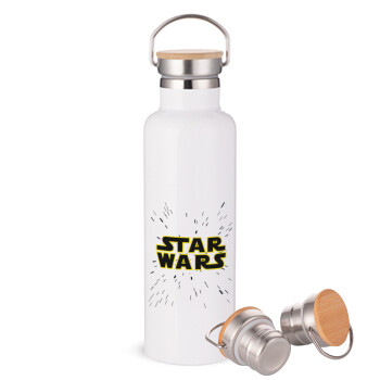 Star Wars, Μεταλλικό παγούρι θερμός (Stainless steel) Λευκό με ξύλινο καπάκι (bamboo), διπλού τοιχώματος, 750ml