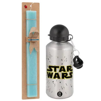 Star Wars, Easter Set, metallic silver aluminum water bottle (500ml) & scented flat Easter candle (30cm) (TURQUOISE)
