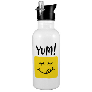 Yum!!!, White water bottle with straw, stainless steel 600ml