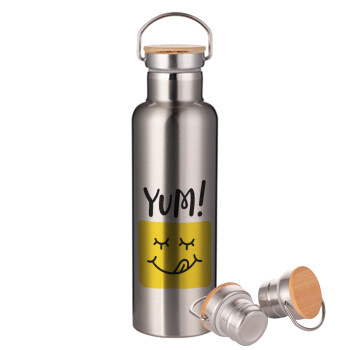 Yum!!!, Stainless steel Silver with wooden lid (bamboo), double wall, 750ml
