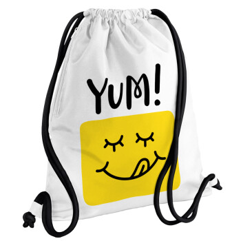 Yum!!!, Τσάντα πλάτης πουγκί GYMBAG λευκή, με τσέπη (40x48cm) & χονδρά κορδόνια