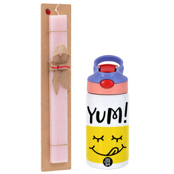 Yum!!!, Πασχαλινό Σετ, Παιδικό παγούρι θερμό, ανοξείδωτο, με καλαμάκι ασφαλείας, ροζ/μωβ (350ml) & πασχαλινή λαμπάδα αρωματική πλακέ (30cm) (ΡΟΖ)