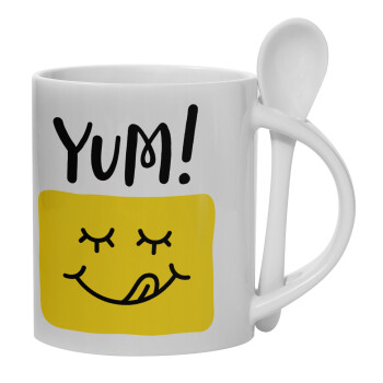 Yum!!!, Ceramic coffee mug with Spoon, 330ml (1pcs)