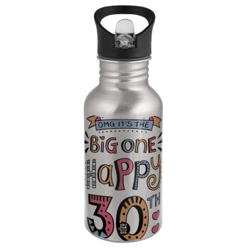 Big one Happy 30th, Water bottle Silver with straw, stainless steel 500ml