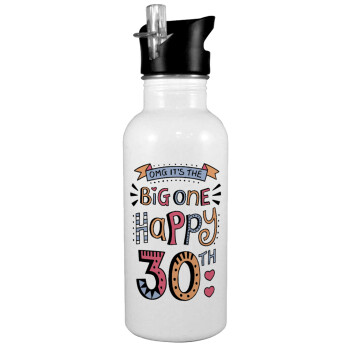 Big one Happy 30th, White water bottle with straw, stainless steel 600ml