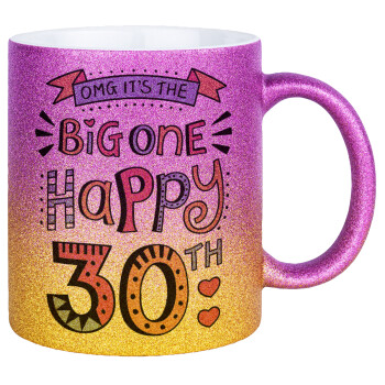 Big one Happy 30th, Κούπα Χρυσή/Ροζ Glitter, κεραμική, 330ml