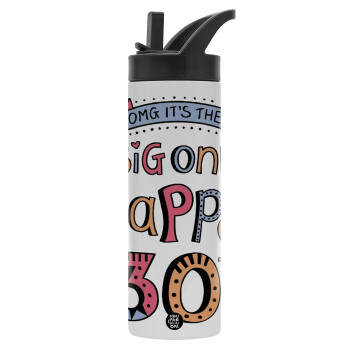 Big one Happy 30th, Μεταλλικό παγούρι θερμός με καλαμάκι & χειρολαβή, ανοξείδωτο ατσάλι (Stainless steel 304), διπλού τοιχώματος, 600ml