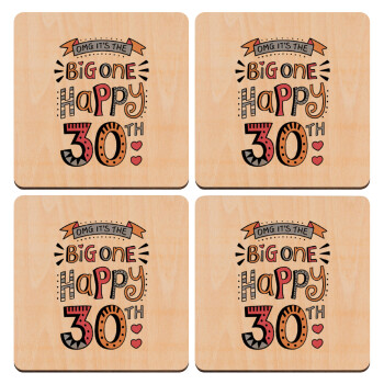 Big one Happy 30th, ΣΕΤ x4 Σουβέρ ξύλινα τετράγωνα plywood (9cm)