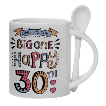 Big one Happy 30th, Ceramic coffee mug with Spoon, 330ml (1pcs)