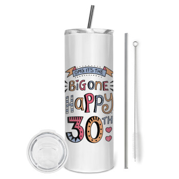 Big one Happy 30th, Tumbler stainless steel 600ml, with metal straw & cleaning brush