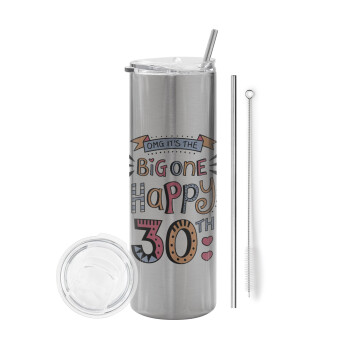 Big one Happy 30th, Eco friendly stainless steel Silver tumbler 600ml, with metal straw & cleaning brush