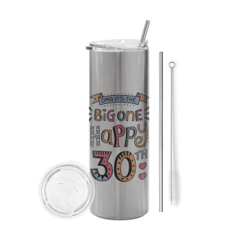 Big one Happy 30th, Tumbler stainless steel Silver 600ml, with metal straw & cleaning brush