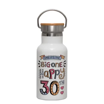 Big one Happy 30th, Metallic thermos (Stainless steel) White with wooden lid (bamboo), double-walled, 350ml