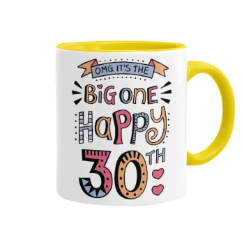 Big one Happy 30th, Κούπα χρωματιστή κίτρινη, κεραμική, 330ml