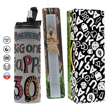 Big one Happy 30th, Πασχαλινή Λαμπάδα με Travel Tumbler θερμό (600ml, BPA free) & κερί αρωματικό πλακέ (30cm) (ΓΚΡΙ)