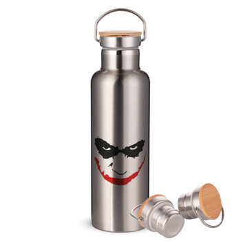 The joker smile, Μεταλλικό παγούρι θερμός (Stainless steel) Ασημένιο με ξύλινο καπακι (bamboo), διπλού τοιχώματος, 750ml