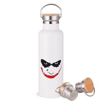 The joker smile, Stainless steel White with wooden lid (bamboo), double wall, 750ml