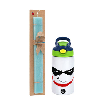 The joker smile, Easter Set, Children's thermal stainless steel bottle with safety straw, green/blue (350ml) & aromatic flat Easter candle (30cm) (TURQUOISE)