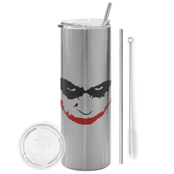 The joker smile, Tumbler ποτήρι θερμό Ασημένιο από ανοξείδωτο ατσάλι 600ml, με μεταλλικό καλαμάκι & βούρτσα καθαρισμού