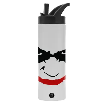The joker smile, Metallic thermos bottle with straw & handle, stainless steel (Stainless steel 304), double-walled, 600ml.