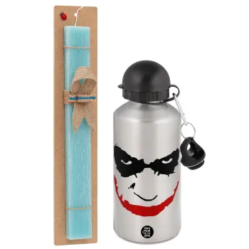 The joker smile, Easter Set, metallic silver aluminum water bottle (500ml) & scented flat Easter candle (30cm) (TURQUOISE)
