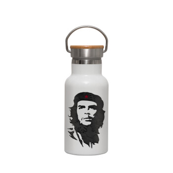Che Guevara, Μεταλλικό παγούρι θερμός (Stainless steel) Λευκό με ξύλινο καπακι (bamboo), διπλού τοιχώματος, 350ml