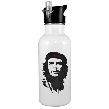 Che Guevara, White water bottle with straw, stainless steel 600ml