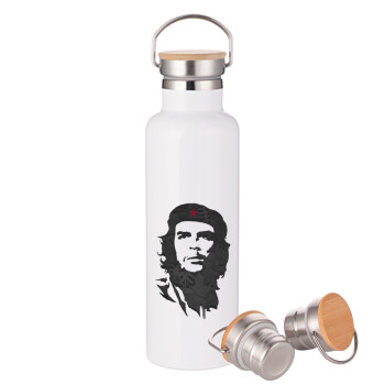 Che Guevara, Μεταλλικό παγούρι θερμός (Stainless steel) Λευκό με ξύλινο καπακι (bamboo), διπλού τοιχώματος, 750ml