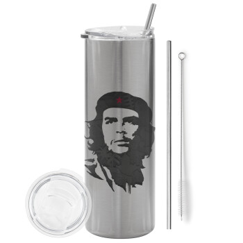 Che Guevara, Eco friendly ποτήρι θερμό Ασημένιο (tumbler) από ανοξείδωτο ατσάλι 600ml, με μεταλλικό καλαμάκι & βούρτσα καθαρισμού