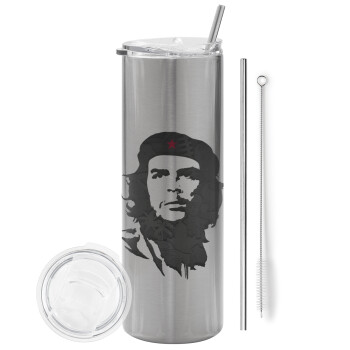 Che Guevara, Tumbler ποτήρι θερμό Ασημένιο από ανοξείδωτο ατσάλι 600ml, με μεταλλικό καλαμάκι & βούρτσα καθαρισμού